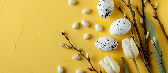 Aufkleber - Closeup of a yellow background with pussy willow branches, tulip flower, and painted Easter eggs, leaving room for additional content in the photograph.