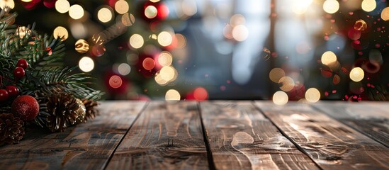 Poster - Blurred Christmas-themed background with a wooden table in front, creating space for text. Soft focus adds to its artistic appeal. Copy space image included.