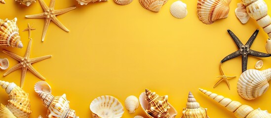 Aufkleber - A bright summer background with a yellow hue featuring sea shells and starfish creating a frame, viewed from above with copy space image.
