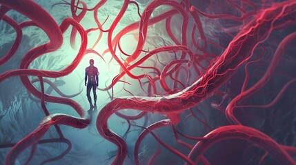 Surreal Digital Artwork of a Human Figure Surrounded by Abstract Red Vines in a Mystical Environment