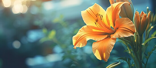 Sticker - A daylily flower in the garden with a vintage blue filter, perfect for a copy space image.