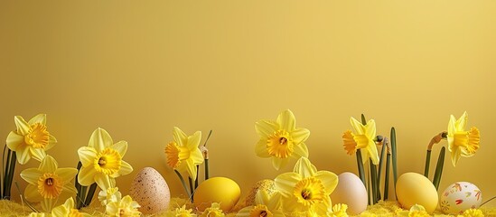 Poster - Easter-themed arrangement featuring bright yellow daffodils and eggs set against a yellow backdrop with ample copy space image.