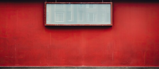 Poster - A red sign with empty space hanging on a storefront window, ideal for adding text in the copy space image.