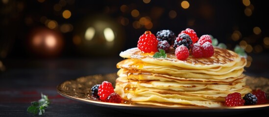 Aufkleber - Thin round pancakes on a plate prepared for Maslenitsa celebration, a Russian tradition involving eating pancakes adorned with honey, butter, and berries with a copy space image.