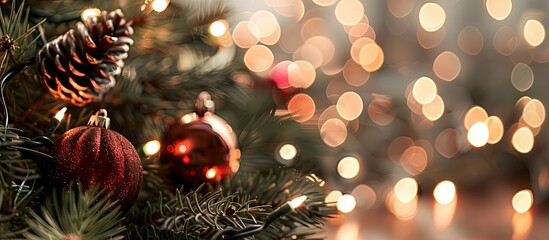 Aufkleber - Festive Christmas decor featuring a brown garland set against a backdrop of twinkling Christmas lights providing a cheerful ambiance for your copy space image.
