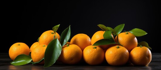 Sticker - A variety of plump tangerines arranged on a dark backdrop with space for text or images.