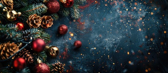 Poster - Festive Christmas arrangement on a dark abstract backdrop, captured from above with a designated copy space image.