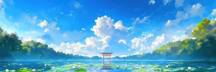 Wall Mural - Tranquil Lake with Red Torii Gate