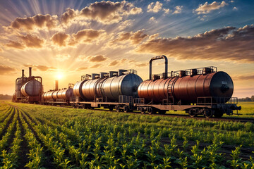 Wall Mural - Industrial fertilizer plant with railroad tanker cars on agricultural field at sunset. Evening landscape of industrialize factory, summertime. Manufacture and industry concept. Copy ad text space