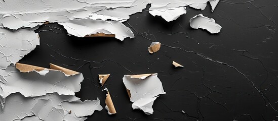 Poster - High-resolution macro shot of torn paper pieces on a black background with plenty of copy space image.