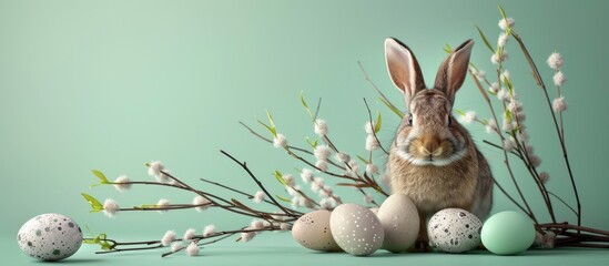 Poster - Easter-themed image features a bunny, eggs, and willow branch against a green backdrop, perfect for a holiday greeting card with free copy space.