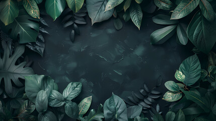 Wall Mural - Dark green background with various leaves on the edges