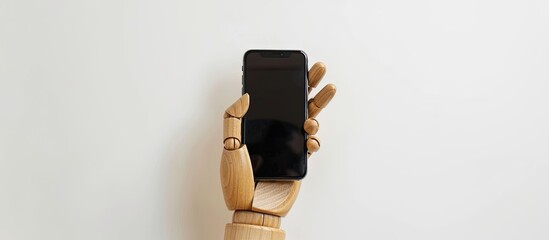 Aufkleber - A wooden hand is holding a black mobile phone against a white backdrop, creating a visually appealing copy space image.