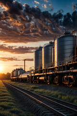 Wall Mural - Industrial fertilizer plant with railroad tanker cars on agricultural field at sunset. Evening landscape of industrialize factory, summertime. Manufacture and industry concept. Copy ad text space