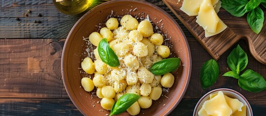 Wall Mural - A rustic top-view image featuring fresh gnocchi with cheese sauce on a table, perfect for enticing appetizer meal ideas and healthy eating inspiration, with ample copy space for customization.