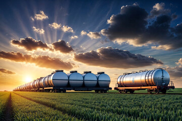 Wall Mural - Industrial fertilizer plant with railroad tanker cars on agricultural field at sunset. Evening landscape of industrialize factory, summertime. Manufacture and industry concept. Copy ad text space