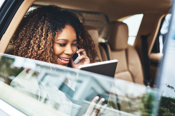 Poster - Black woman, car and phone call with tablet for meeting, travel and cellphone for connection. Technology, internet and with chauffeur for female person, backseat and window for taxi service ceo