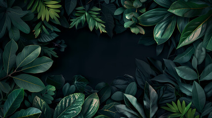 Wall Mural - Dark green background with various leaves on the edges