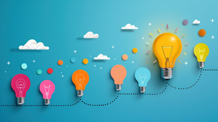 Poster - a series of colorful light bulbs are arranged in a line, with one of them being a bright light bulb.