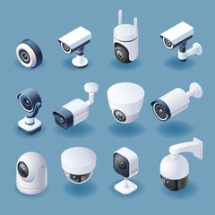 CCTV and security camera isometric color icon set