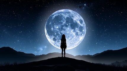 Wall Mural - Create an anime wallpaper featuring a serene night sky with a full moon, stars, and a silhouette of a girl standing on a hill. The background should be detailed with distant mountains and a calm