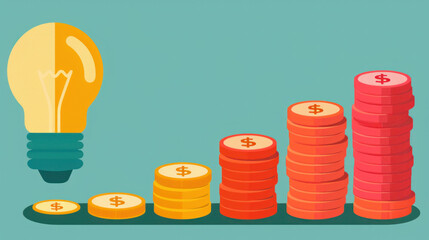 Poster - A stack of coins with a light bulb in the middle. The light bulb is a symbol of an idea or a new beginning. The coins represent wealth and financial stability
