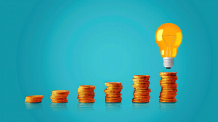 Poster - a stack of coins is shown with a light bulb on top, representing the idea of money growing