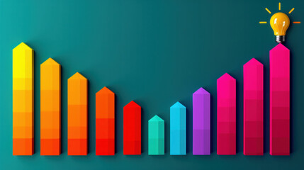 Poster - A series of colorful bars with a single light bulb on top. The bars are arranged in a way that they form a staircase, with the light bulb at the top of the staircase. Concept of progress and growth