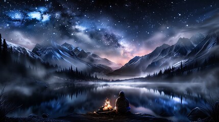 Wall Mural - create an anime wallpaper showcasing a tranquil mountain scene, with a character sitting by a campfi
