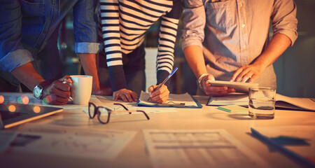Aufkleber - Hands, night and business people with paperwork, tablet and brainstorming for creative project. Closeup, group and employees with tech, documents and internet with deadline, cooperation and schedule