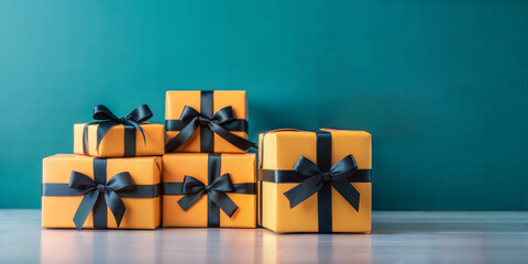 Wall Mural - Five yellow gift boxes with black ribbons are standing on a blue wooden surface, creating a black friday concept with copy space