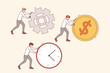 © drawlab19 - Working to increase productivity of business processes, from managers rolling large clock and coin or gear. Concept of trying to increase company productivity and efficiency by saving time