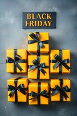 Wall Mural - Black friday banner showing yellow gift boxes with black ribbons on a gray background, creating a festive atmosphere for promoting deals and discounts