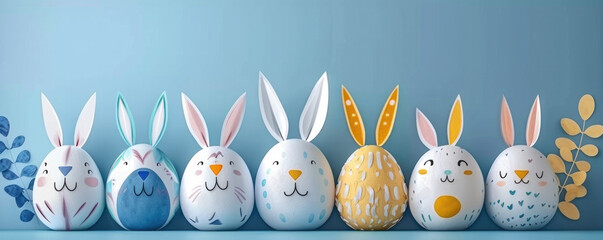 Poster - A row of painted Easter bunnies are lined up on a blue background. The bunnies are all different colors and sizes, and they all have different expressions on their faces. The scene is cheerful
