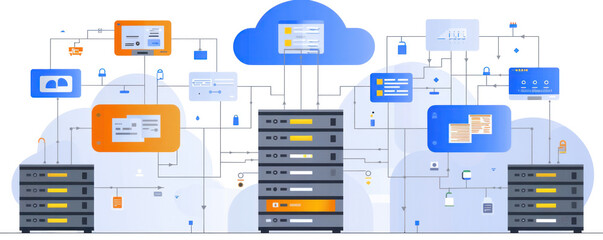 Poster - A computer network with three servers and a cloud. The servers are connected to each other and to the cloud