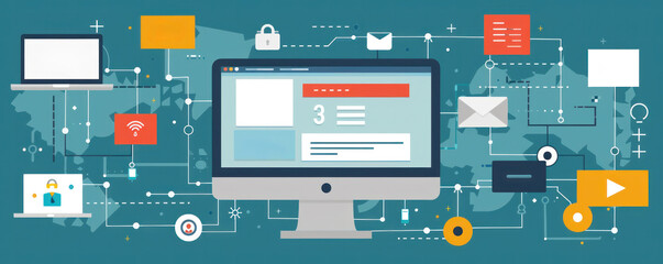 Poster - A computer monitor displays a colorful and complex web of icons and buttons. Concept of technology and connectivity, with various devices and applications represented on the screen