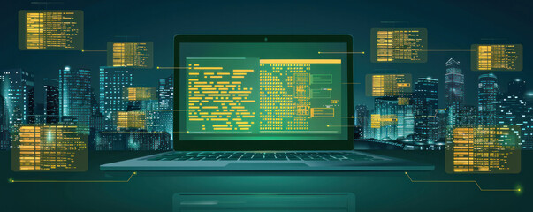 Poster - A laptop screen is lit up with a city skyline in the background. The cityscape is filled with various icons and codes, giving the impression of a complex and intricate system