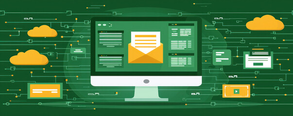 Poster - A computer monitor displays a green background with a large envelope on the screen. The envelope is surrounded by various icons and buttons, indicating that it is a messaging or email application