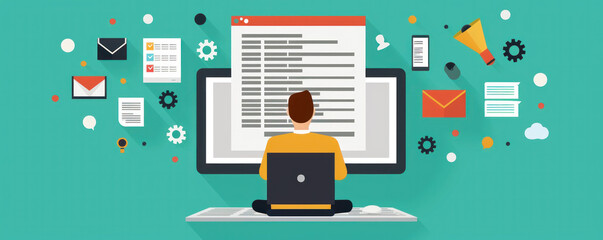Poster - A man is sitting in front of a computer screen with a lot of different icons and buttons on it. He is typing on the keyboard and he is working on a project. Concept of productivity and focus
