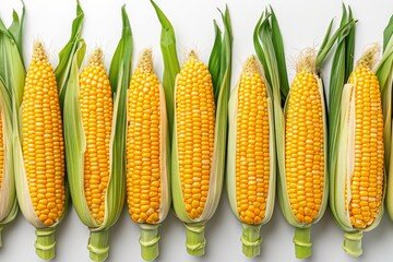 Wall Mural - Fresh Corn on the Cob. Close-up of ripe corn cobs in husks, arranged in a row on a white background.