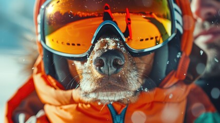 winter sports advertisement featuring a dachshund in bright glasses and a skier with goggles