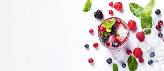 Aufkleber - A refreshing summer drink with mint, berries, and a straw, placed on a white background with room for text around the cocktail for a copy space image.