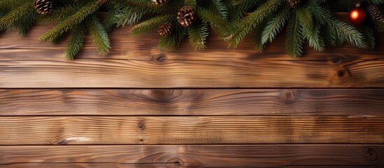 Poster - Wooden board background showcasing a Christmas fir tree with ample space for additional content or text, known as a copy space image.