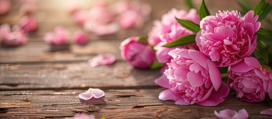 Poster - Peonies in pink bloom on a rustic wooden table, ideal for a copy space image.