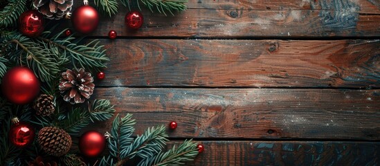 Aufkleber - Old wooden background adorned with evergreen fir twigs, glossy red baubles, and pine cones, creating a festive atmosphere with copy space image.