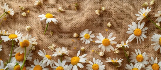 Aufkleber - Top view of chamomile flowers and white field daisies scattered on burlap, creating a scenic backdrop suitable for design projects with copy space image.