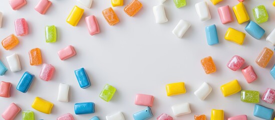 Poster - Top view of sweet chewing gums on a white background with copy space image.