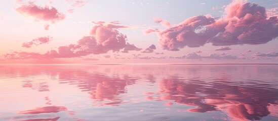 Poster - Scenic view with a soft coral pink color palette reflected in the water under scattered cirrocumulus clouds, creating a serene ambiance for a copy space image.