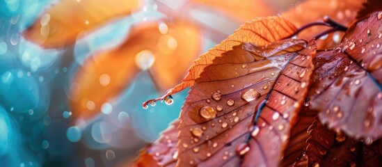 Leinwandbilder - Close-up of wet autumn leaves with copy space image for natural background.