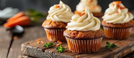 Poster - Carrot cake cupcakes with buttercream frosting perfect for featuring a copy space image.